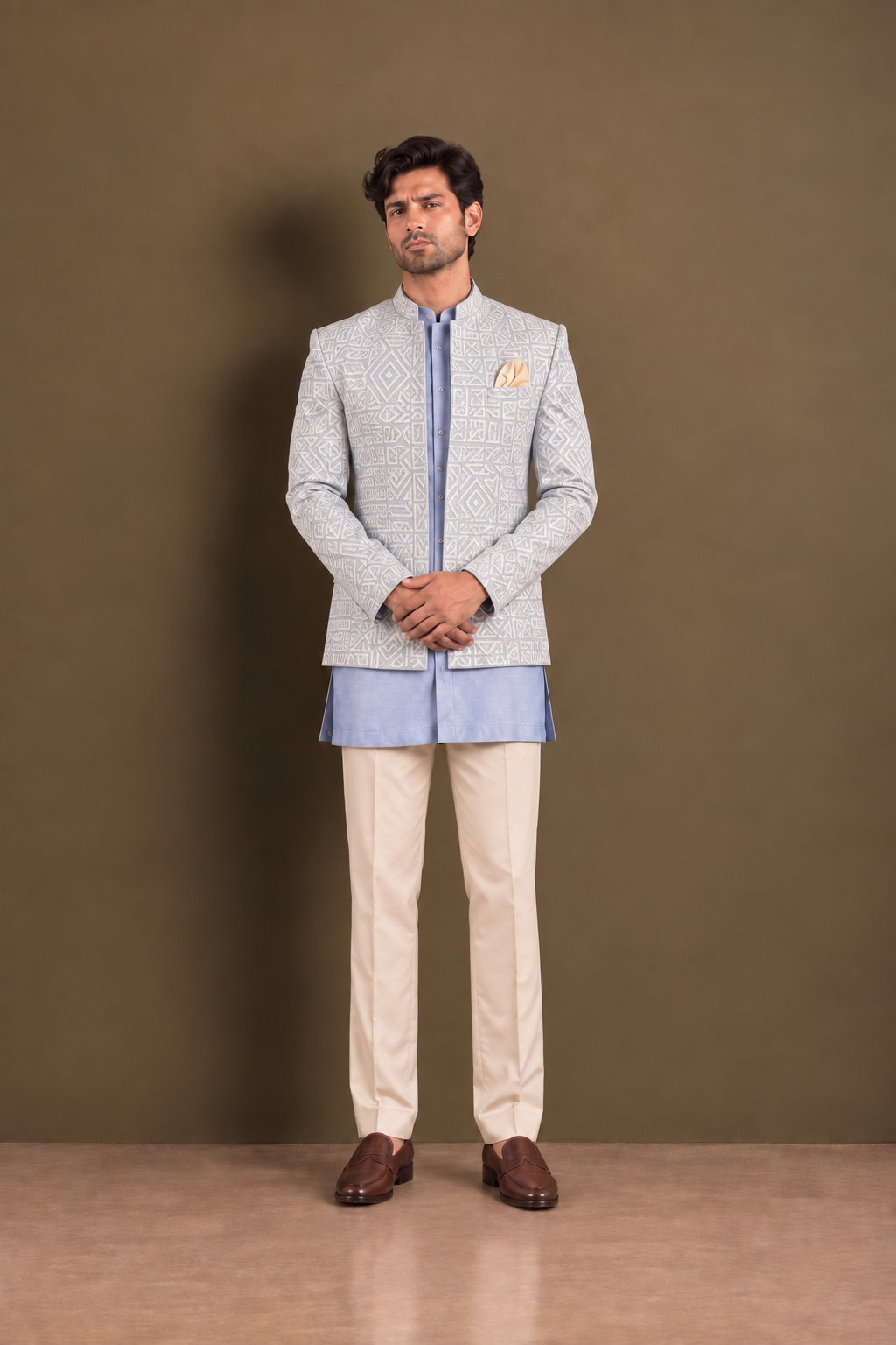 The Azure Geometric Jodhpuri Ensemble - Powder Blue (3 Piece)