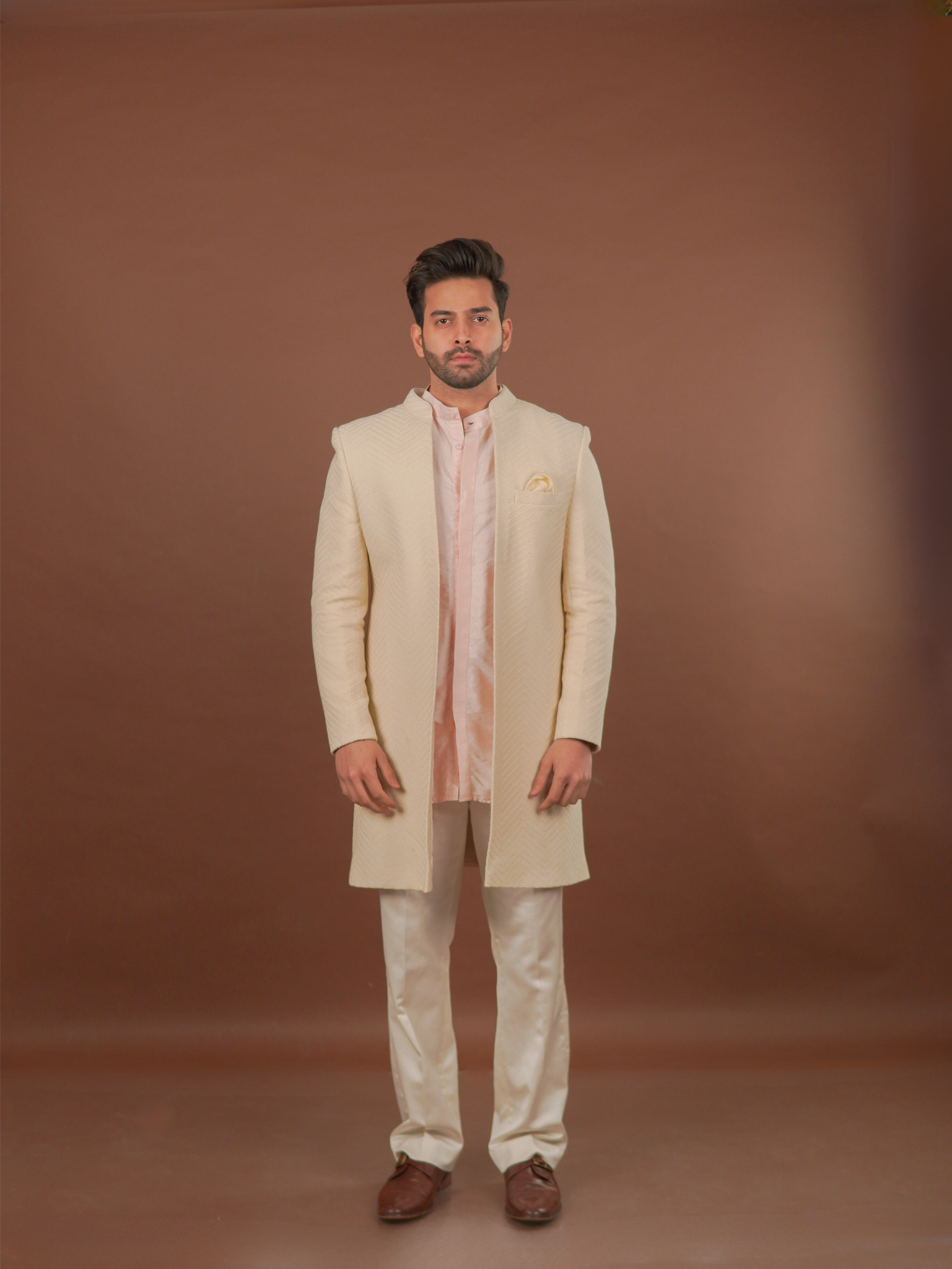 Ivory Textured Open Sherwani Set