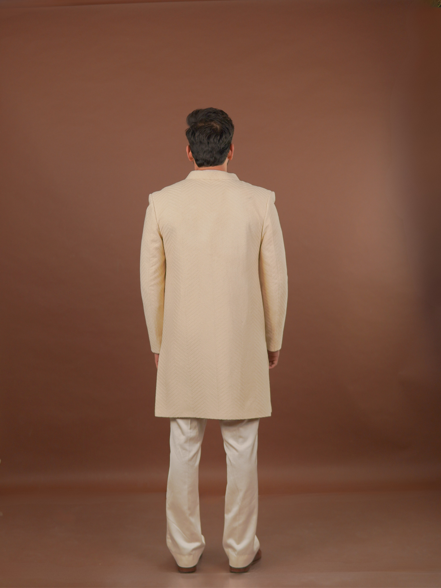Ivory Textured Open Sherwani Set