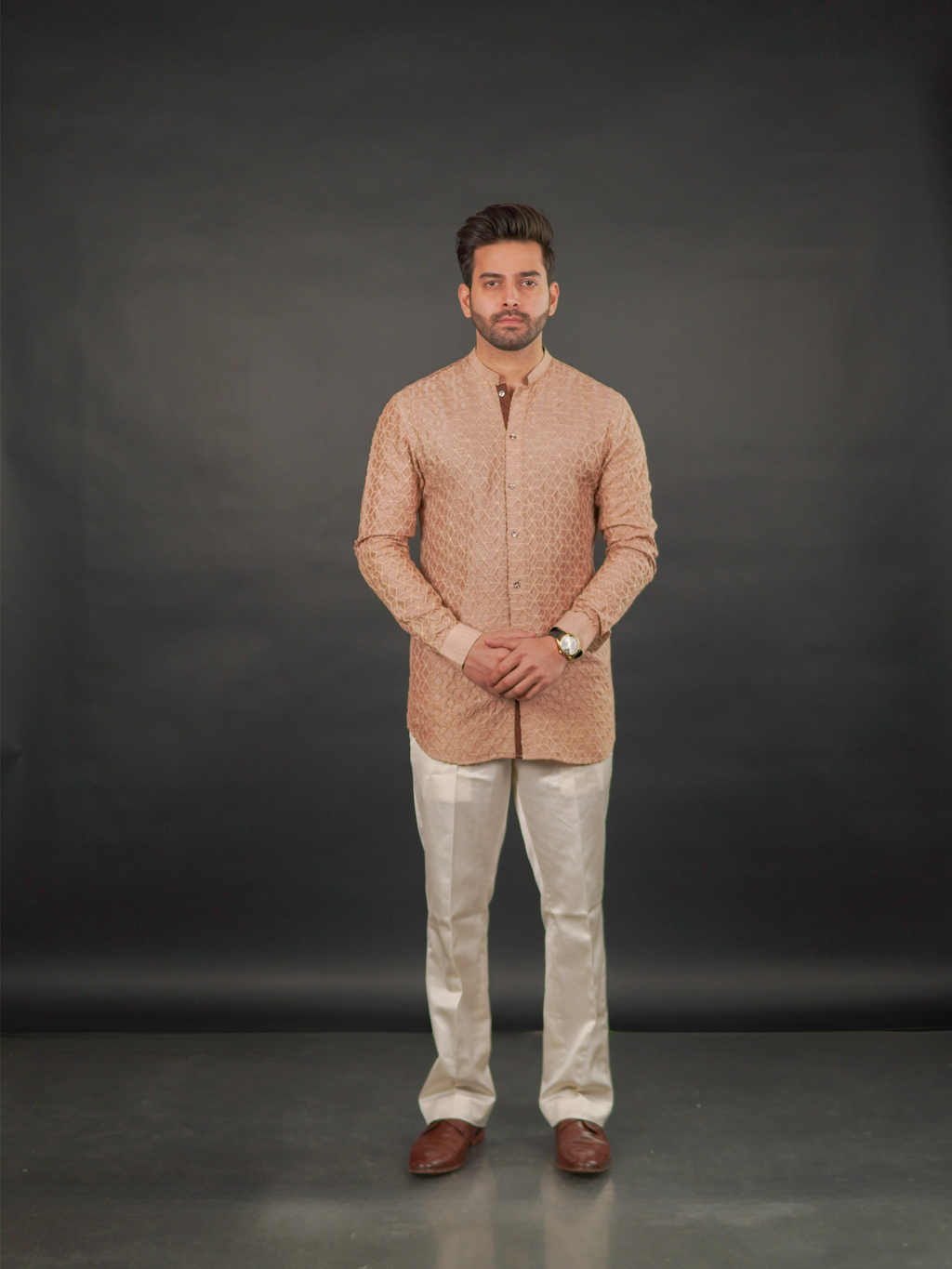 Coffee Brown Textured V-Neck Modi Jacket Set