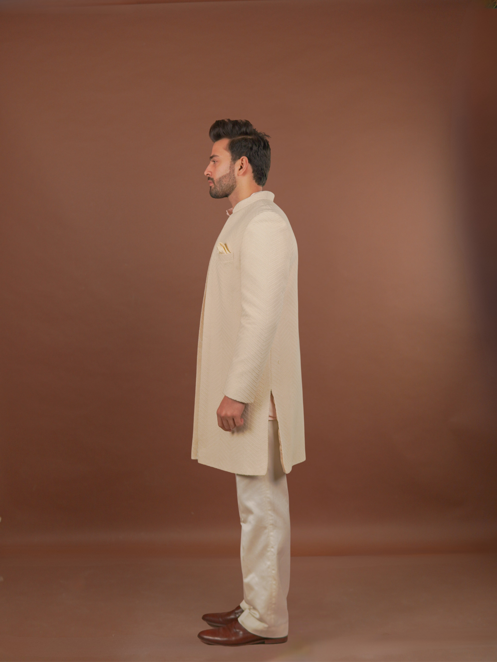 Ivory Textured Open Sherwani Set