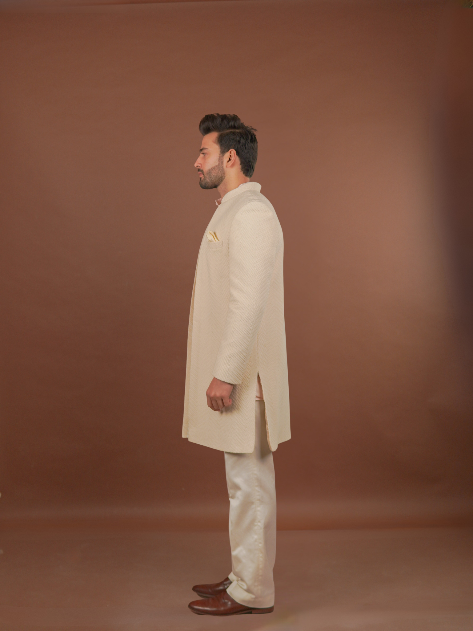 Ivory Textured Open Sherwani Set