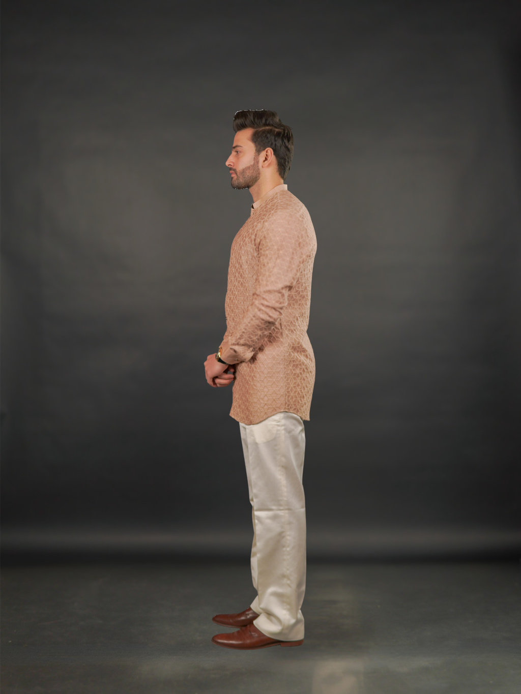 Coffee Brown Textured V-Neck Modi Jacket Set