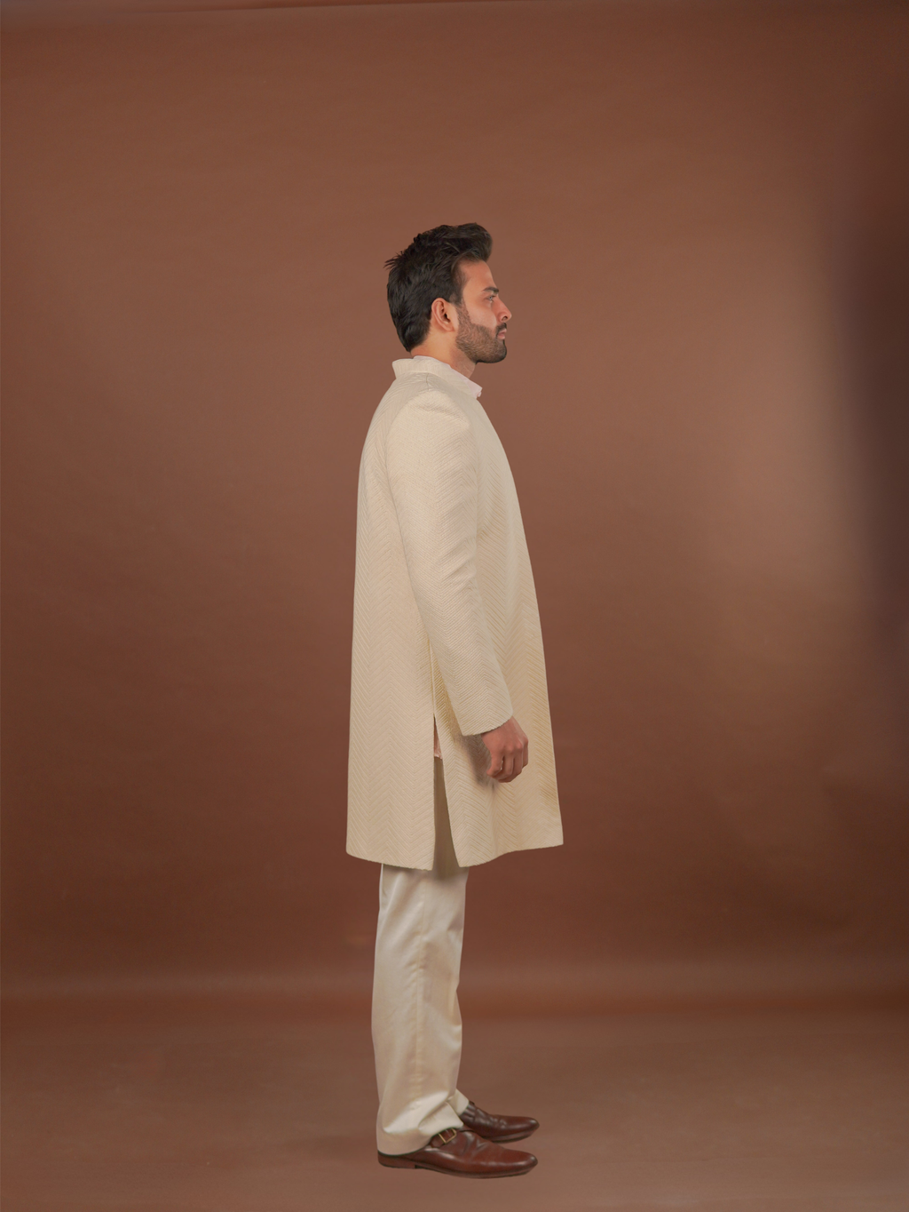 Ivory Textured Open Sherwani Set