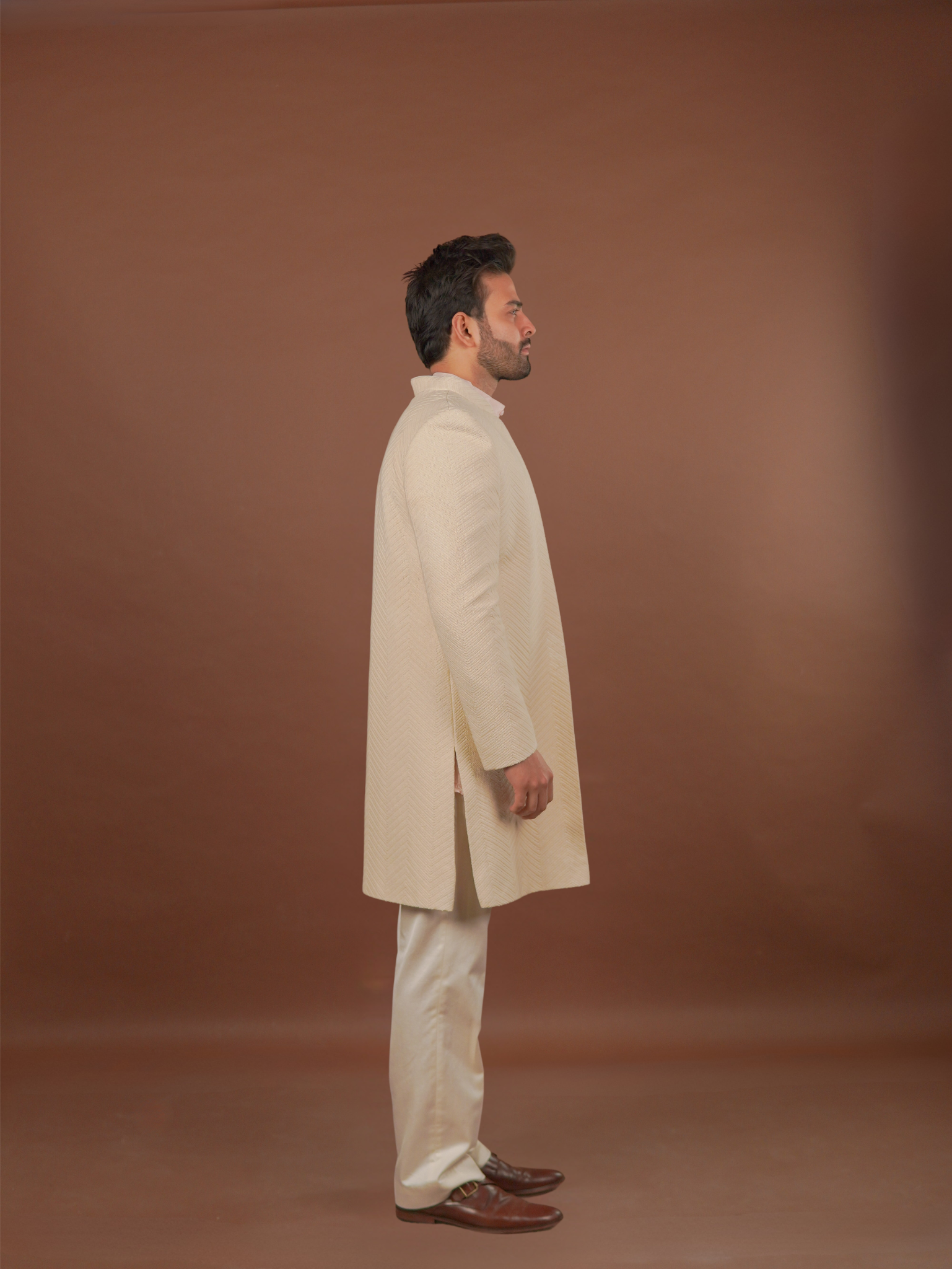 Ivory Textured Open Sherwani Set