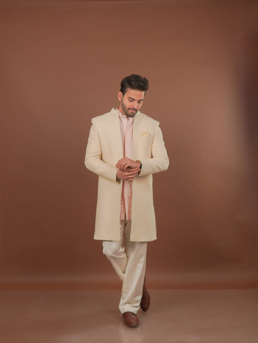 Ivory Textured Open Sherwani Set