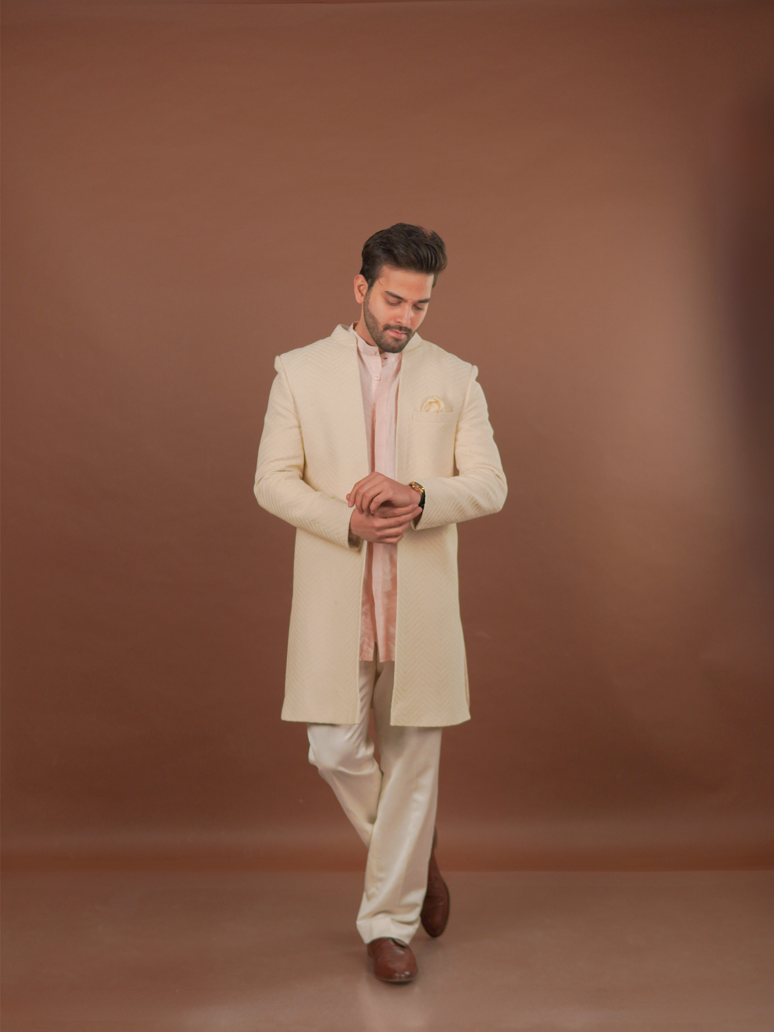 Ivory Textured Open Sherwani Set