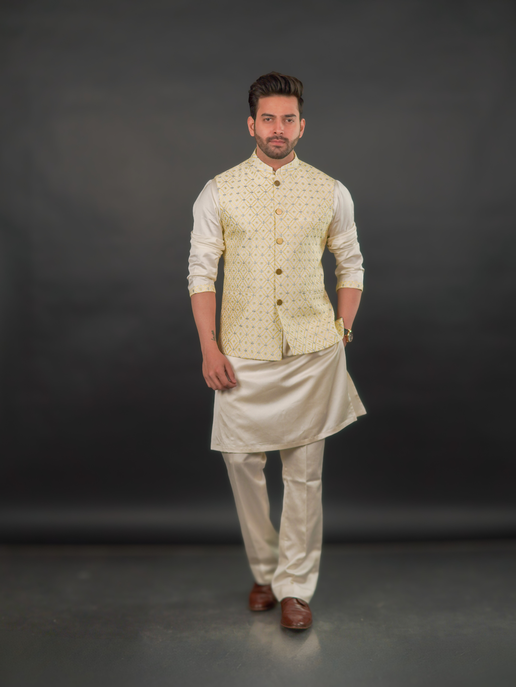 Ivory–Yellow Textured Modi Jacket & Kurta Set