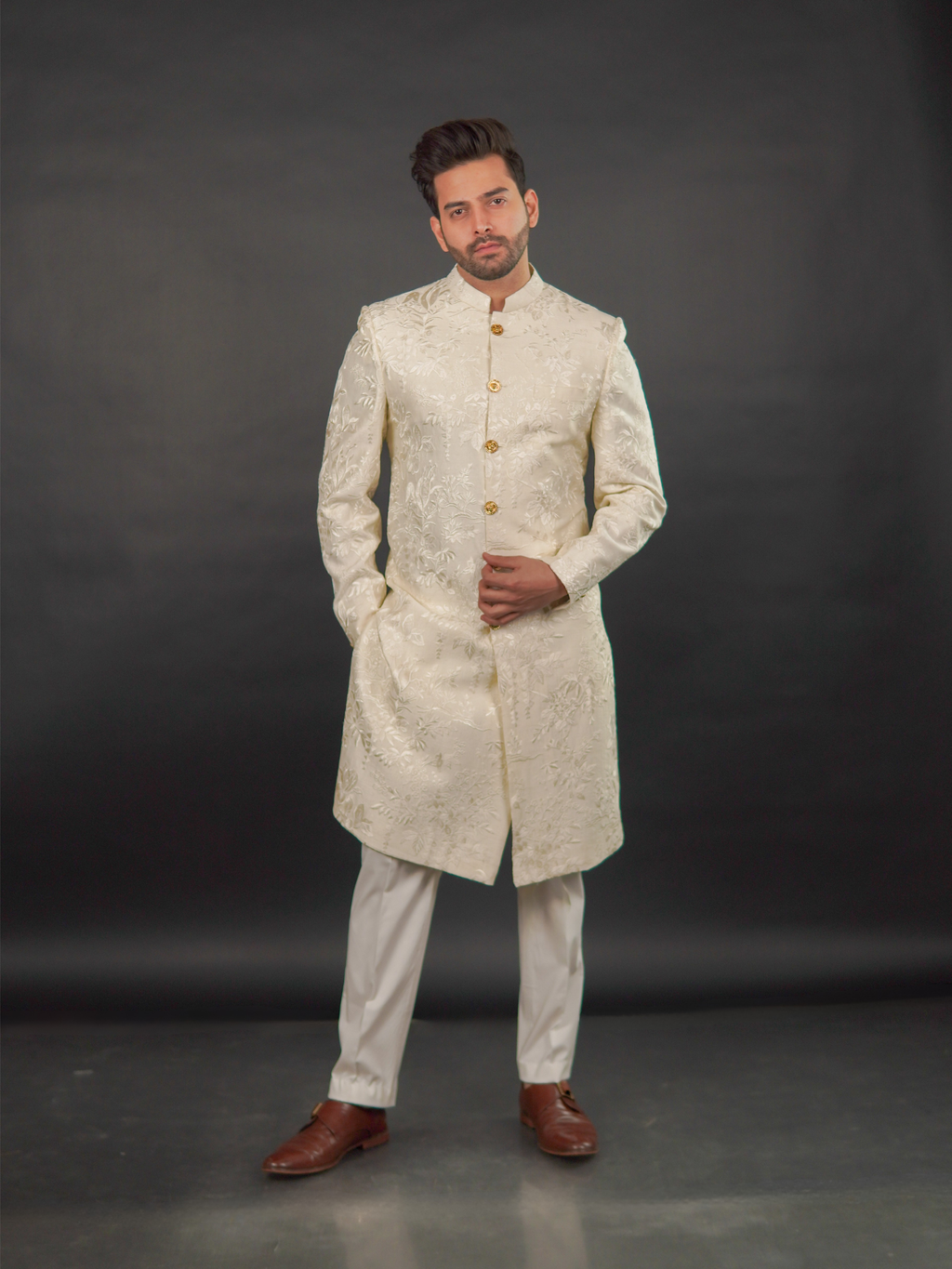 Ivory-Gold Embroidered Sherwani