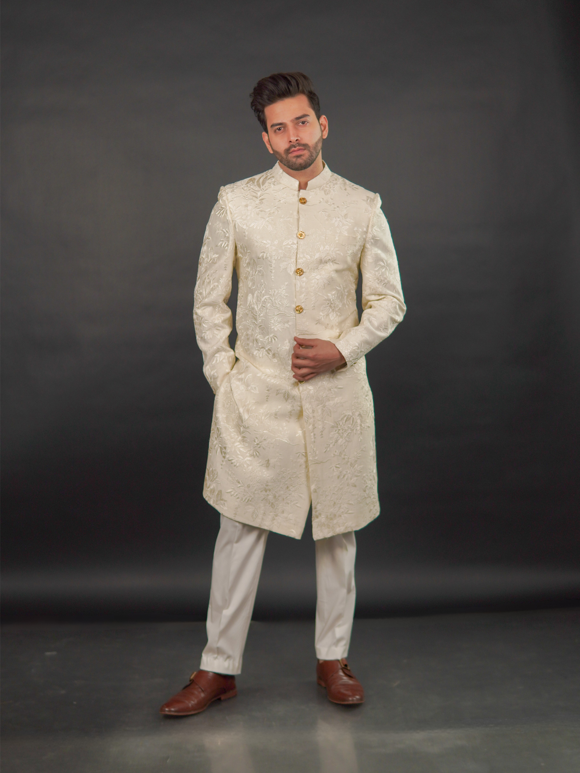 Ivory-Gold Embroidered Sherwani