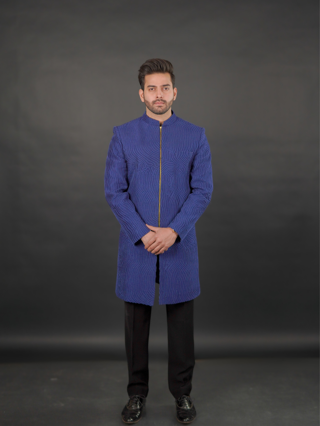 Textured Zip-Front Indo-Western Set Indigo