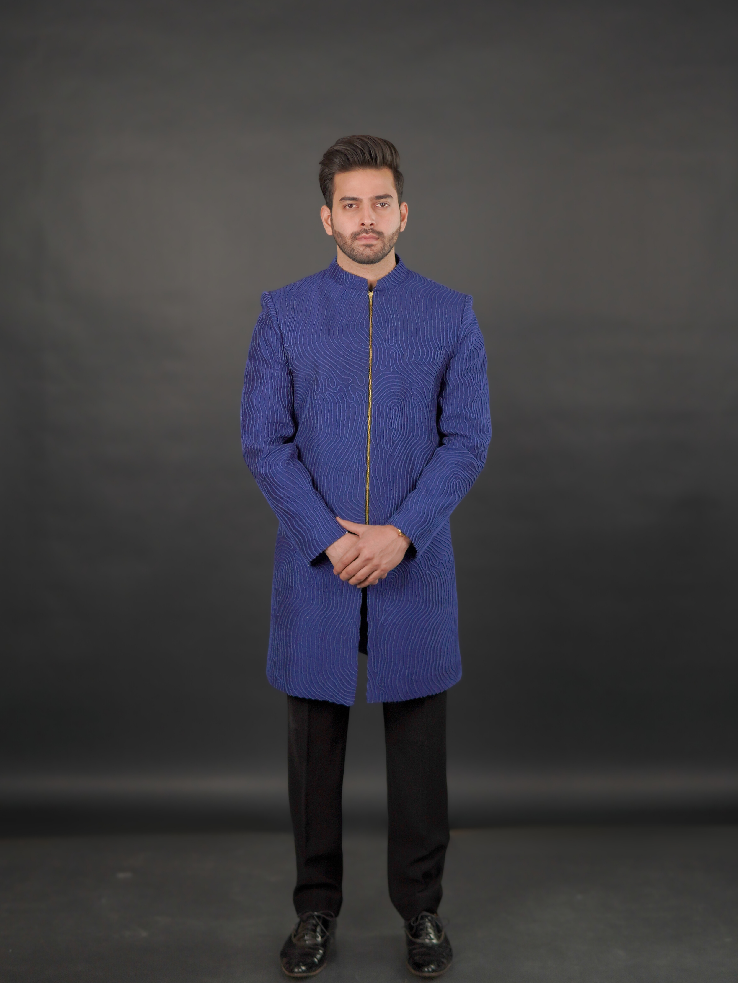 Textured Zip-Front Indo-Western Set Indigo