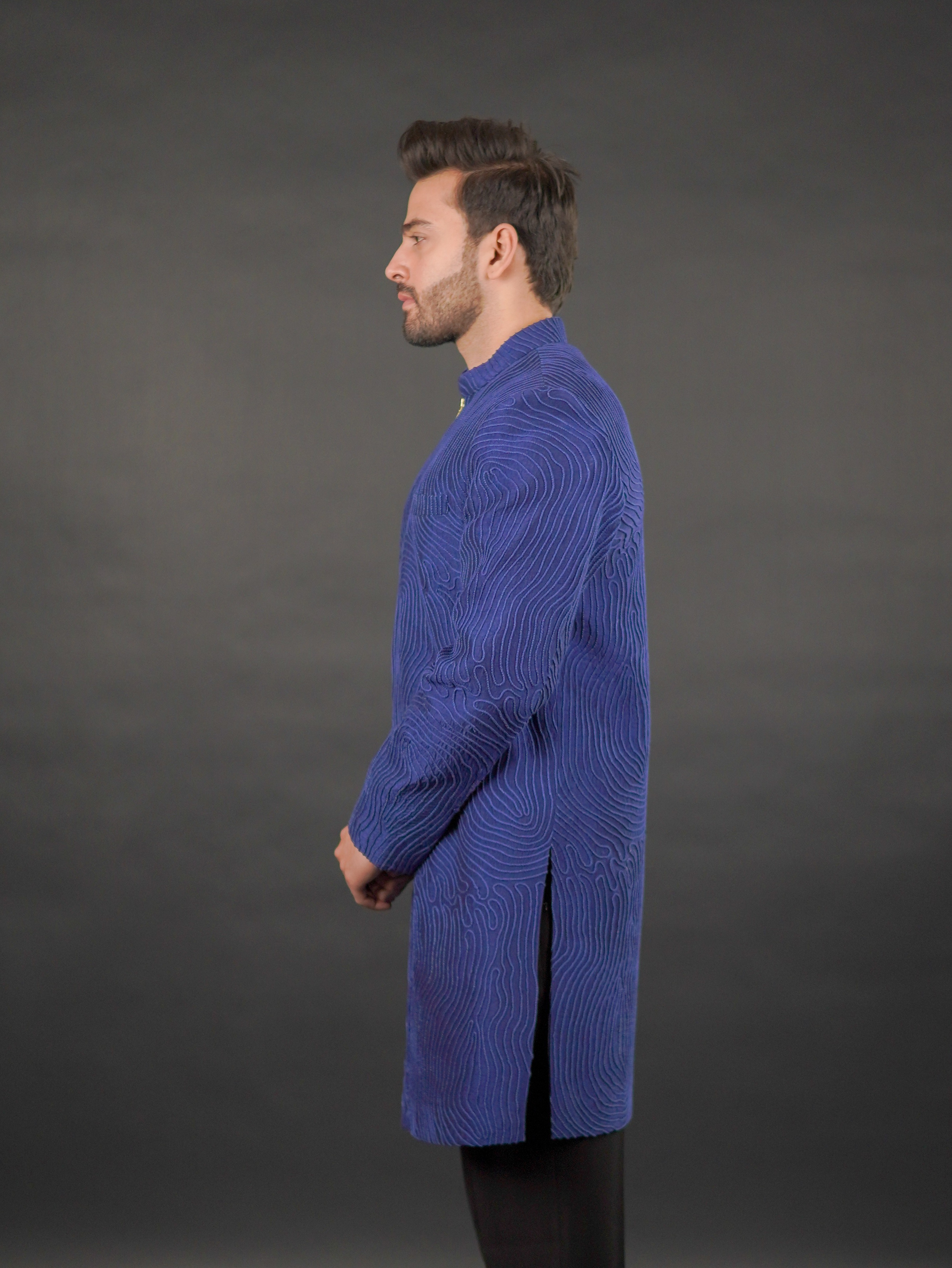 Textured Zip-Front Indo-Western Set Indigo