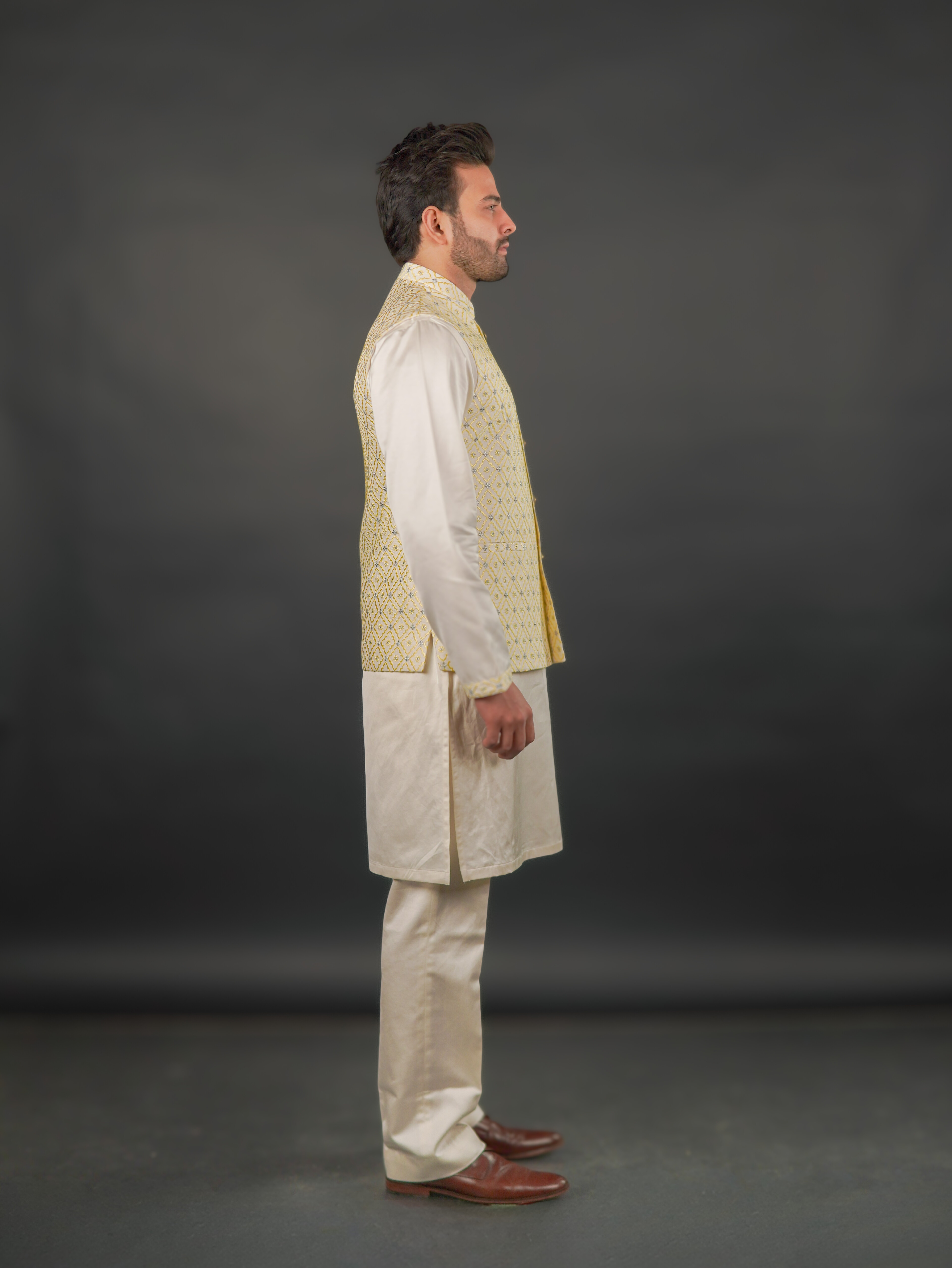 Ivory–Yellow Textured Modi Jacket & Kurta Set