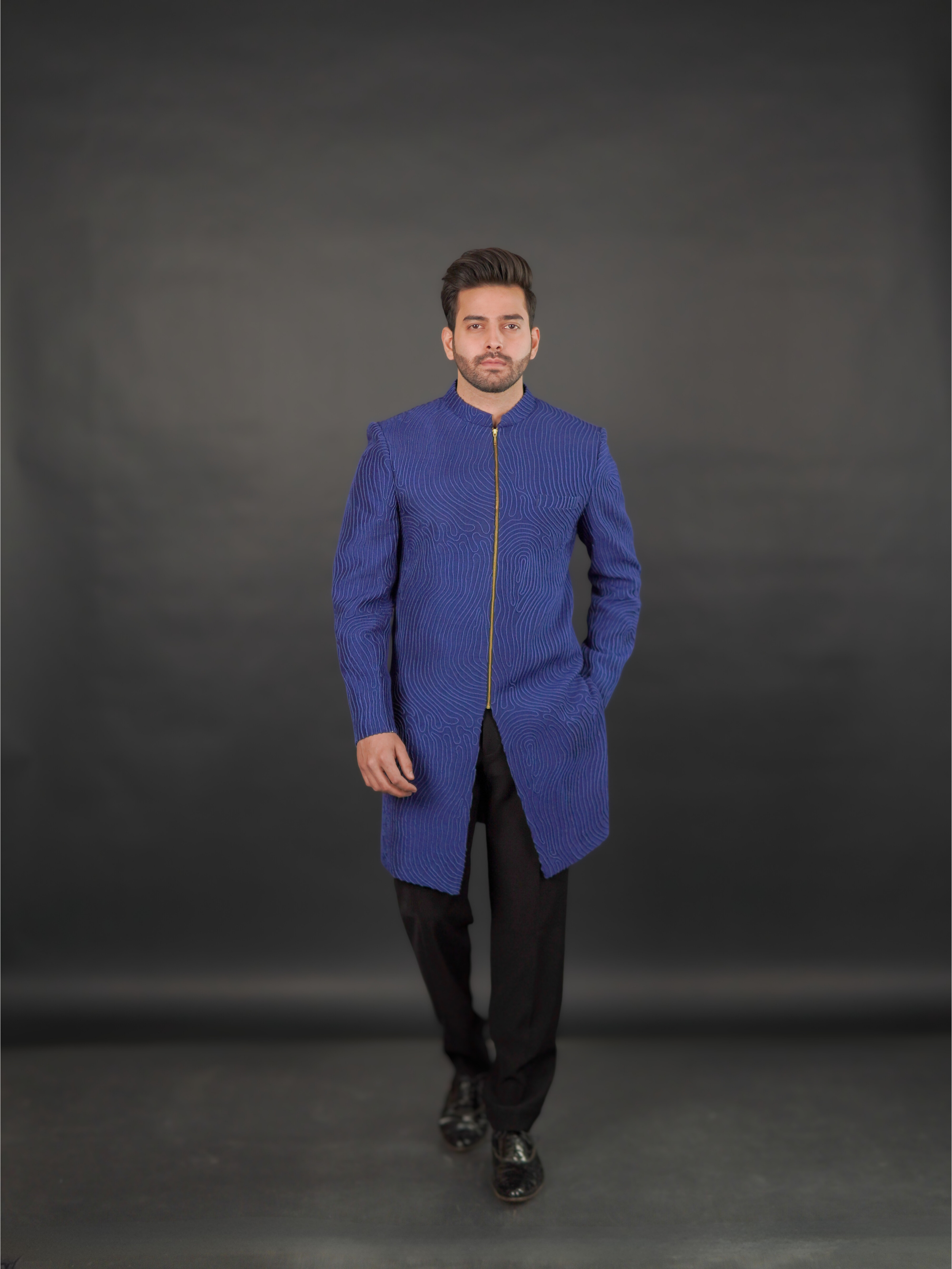 Textured Zip-Front Indo-Western Set Indigo