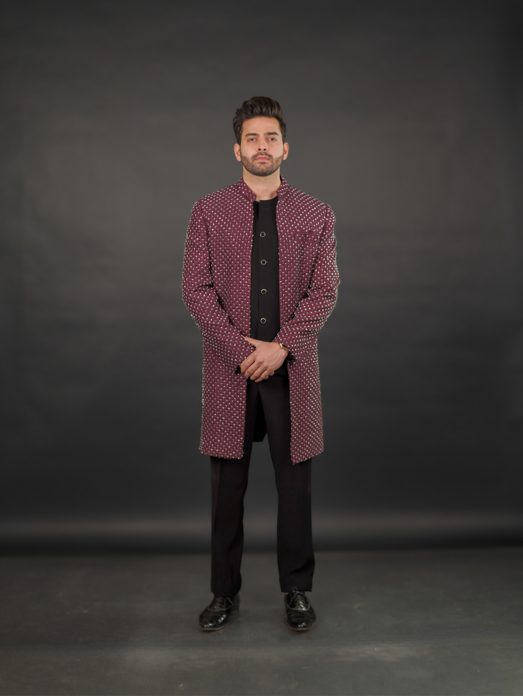 Wine Hand-Embellished Open Sherwani Set (3-Piece)