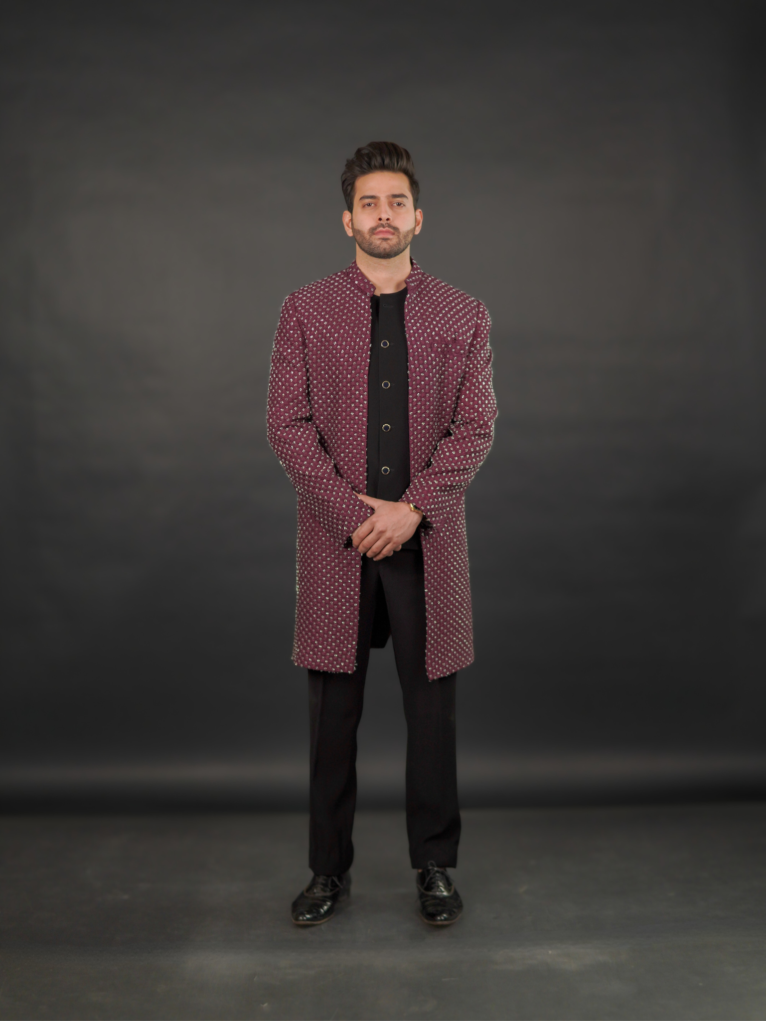 Wine Hand-Embellished Open Sherwani Set (3-Piece)