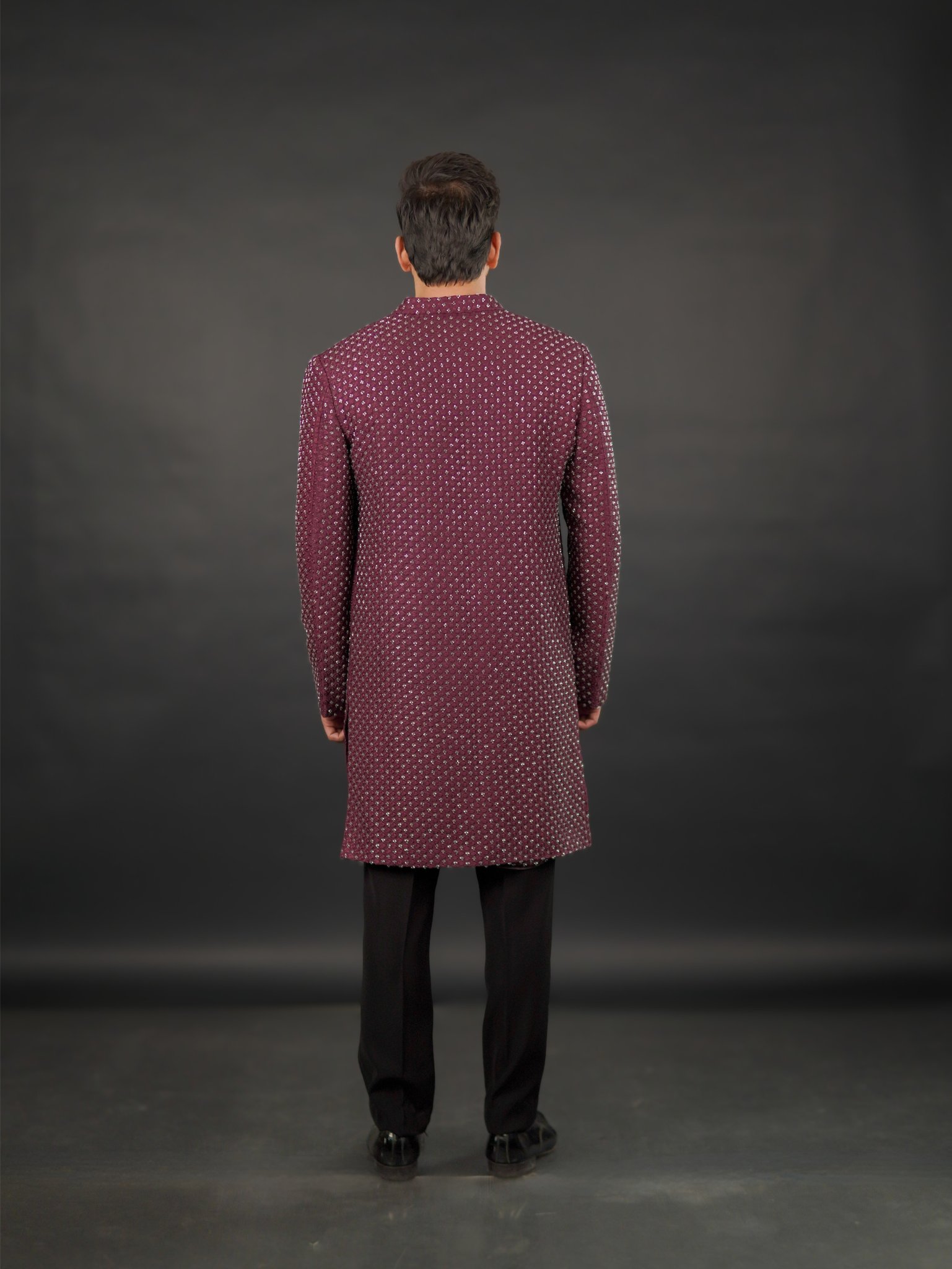 Wine Hand-Embellished Open Sherwani Set (3-Piece)