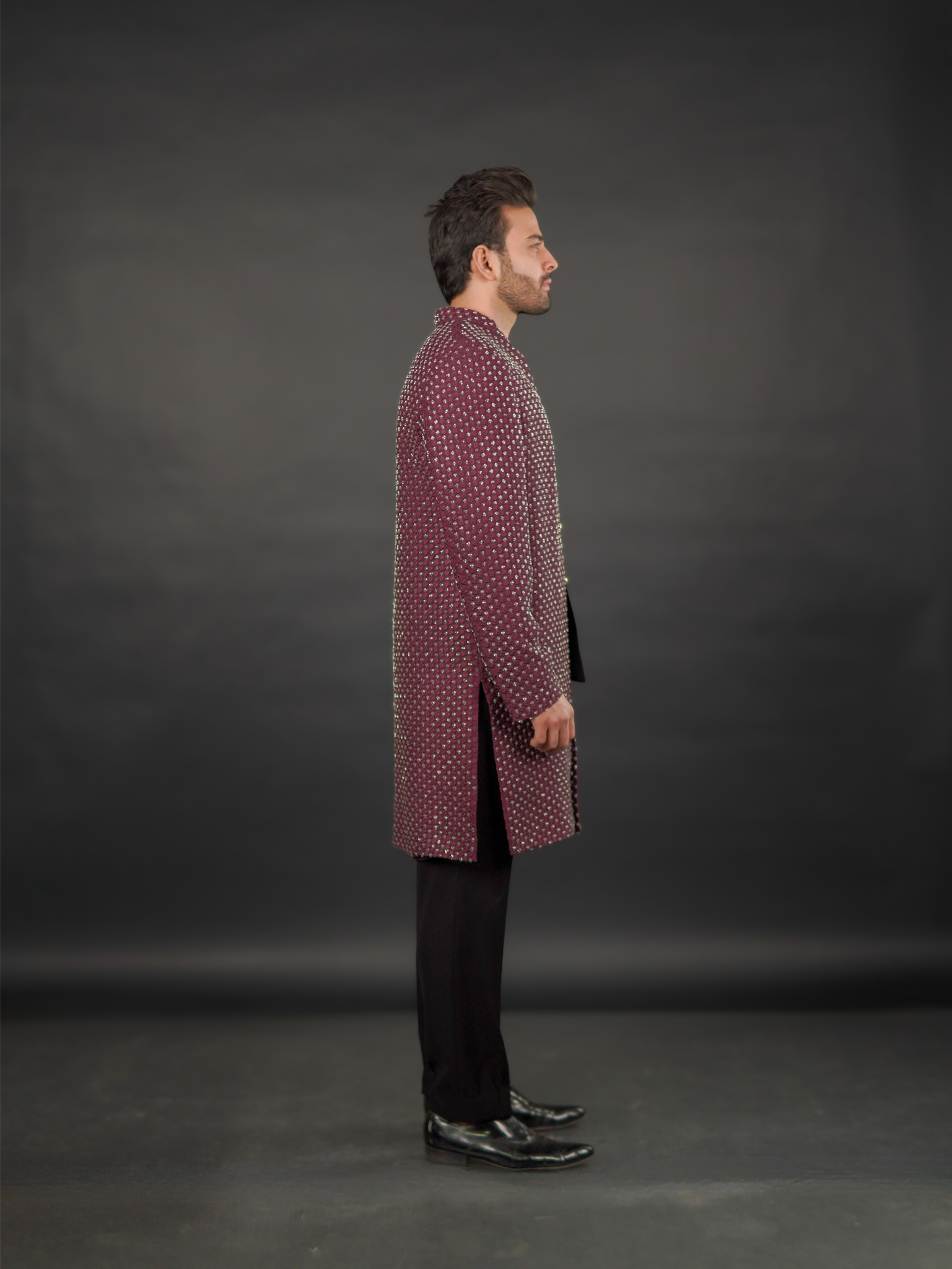 Wine Hand-Embellished Open Sherwani Set (3-Piece)