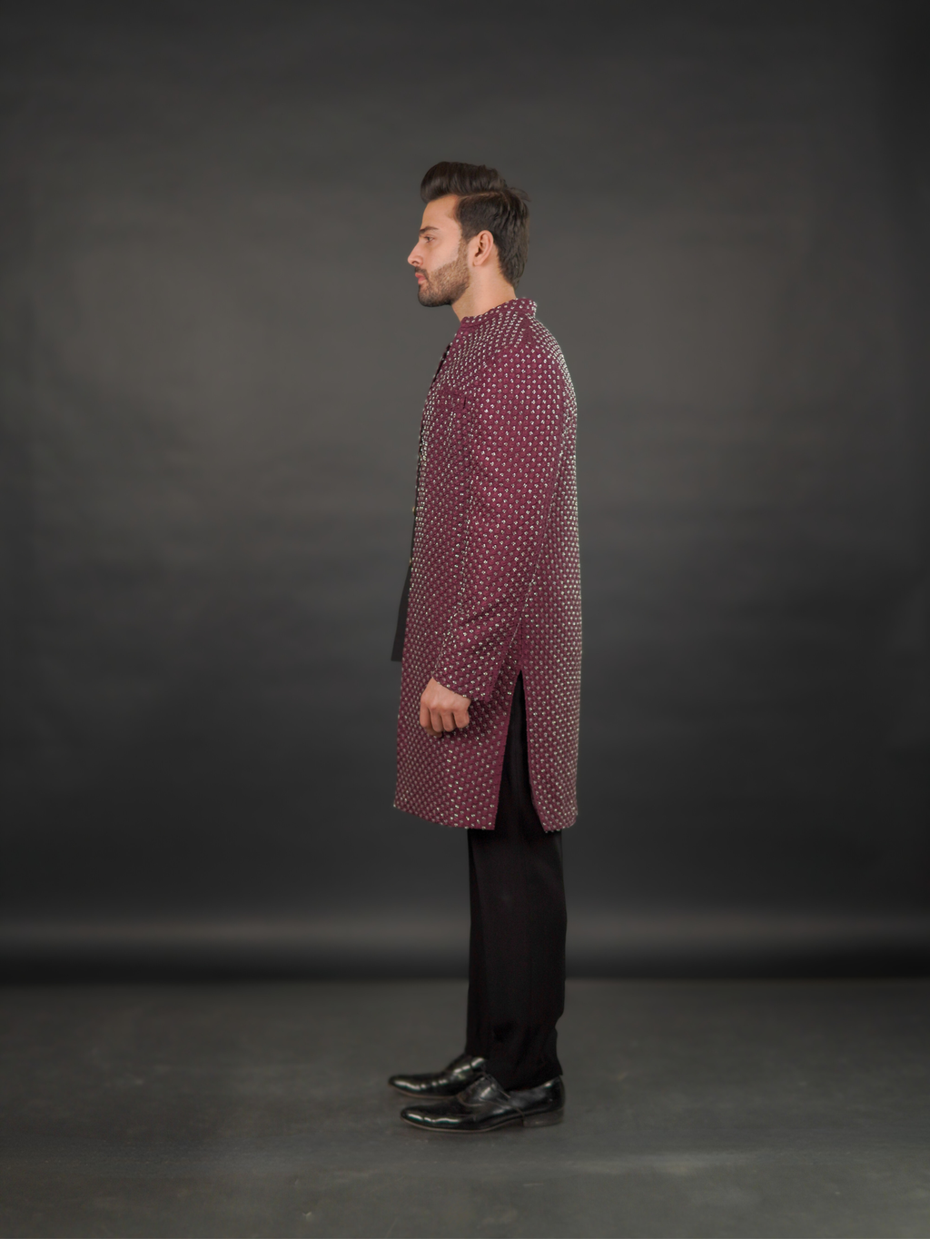 Wine Hand-Embellished Open Sherwani Set (3-Piece)
