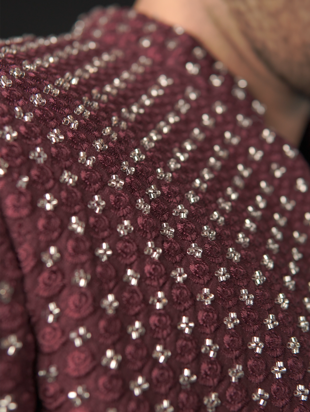 Wine Hand-Embellished Open Sherwani Set (3-Piece)