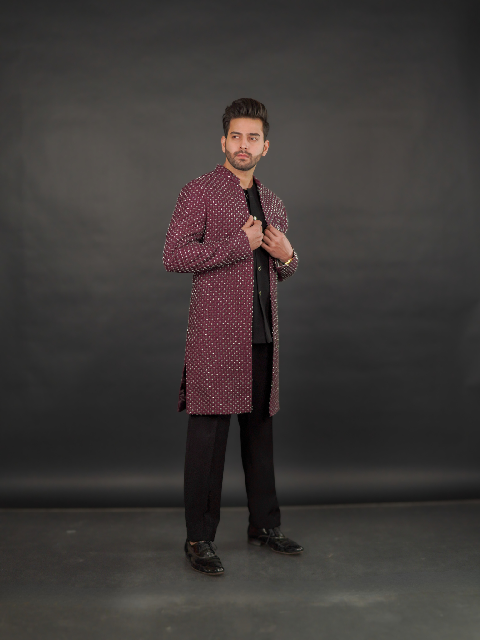 Wine Hand-Embellished Open Sherwani Set (3-Piece)