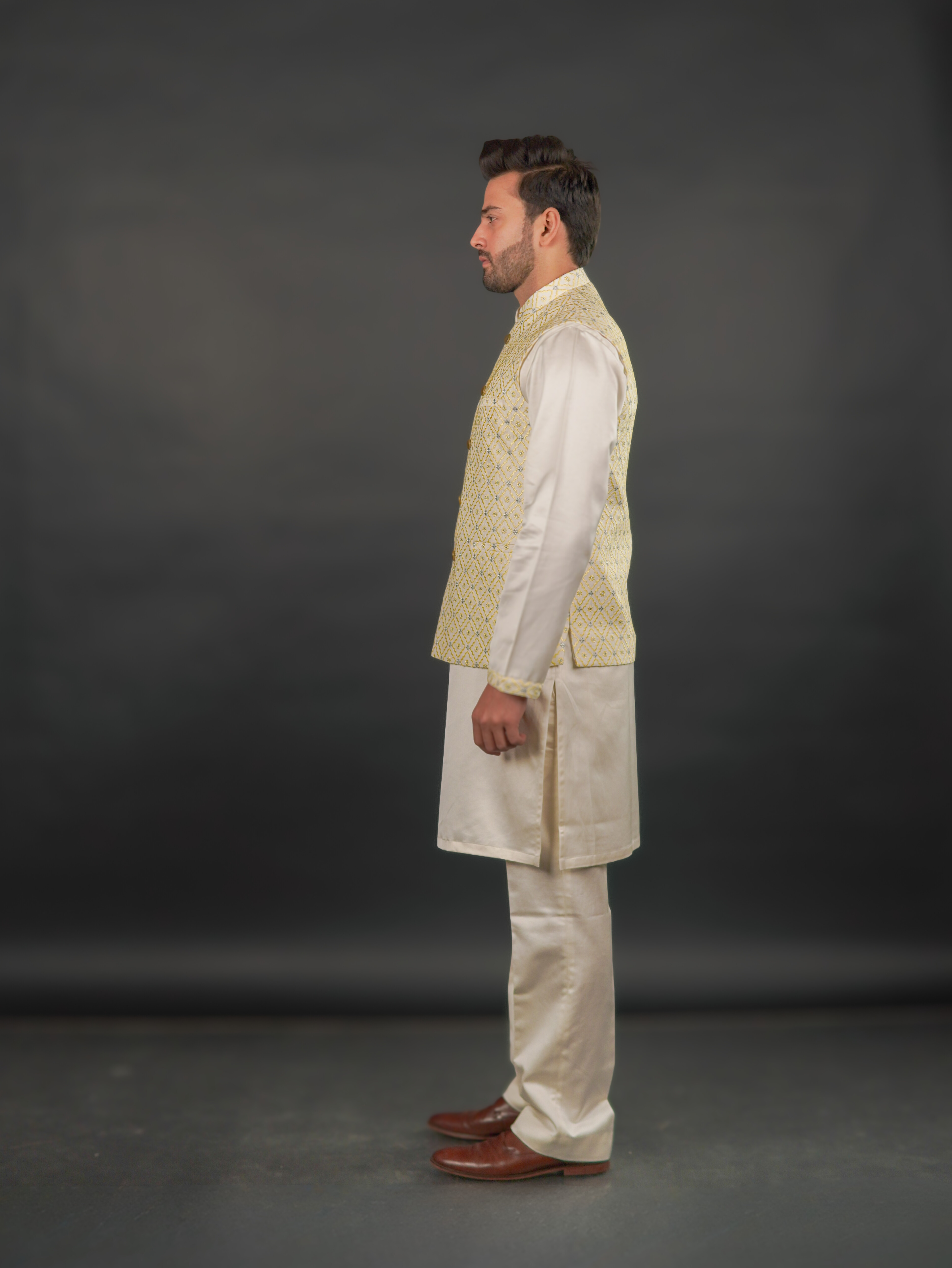 Ivory–Yellow Textured Modi Jacket & Kurta Set