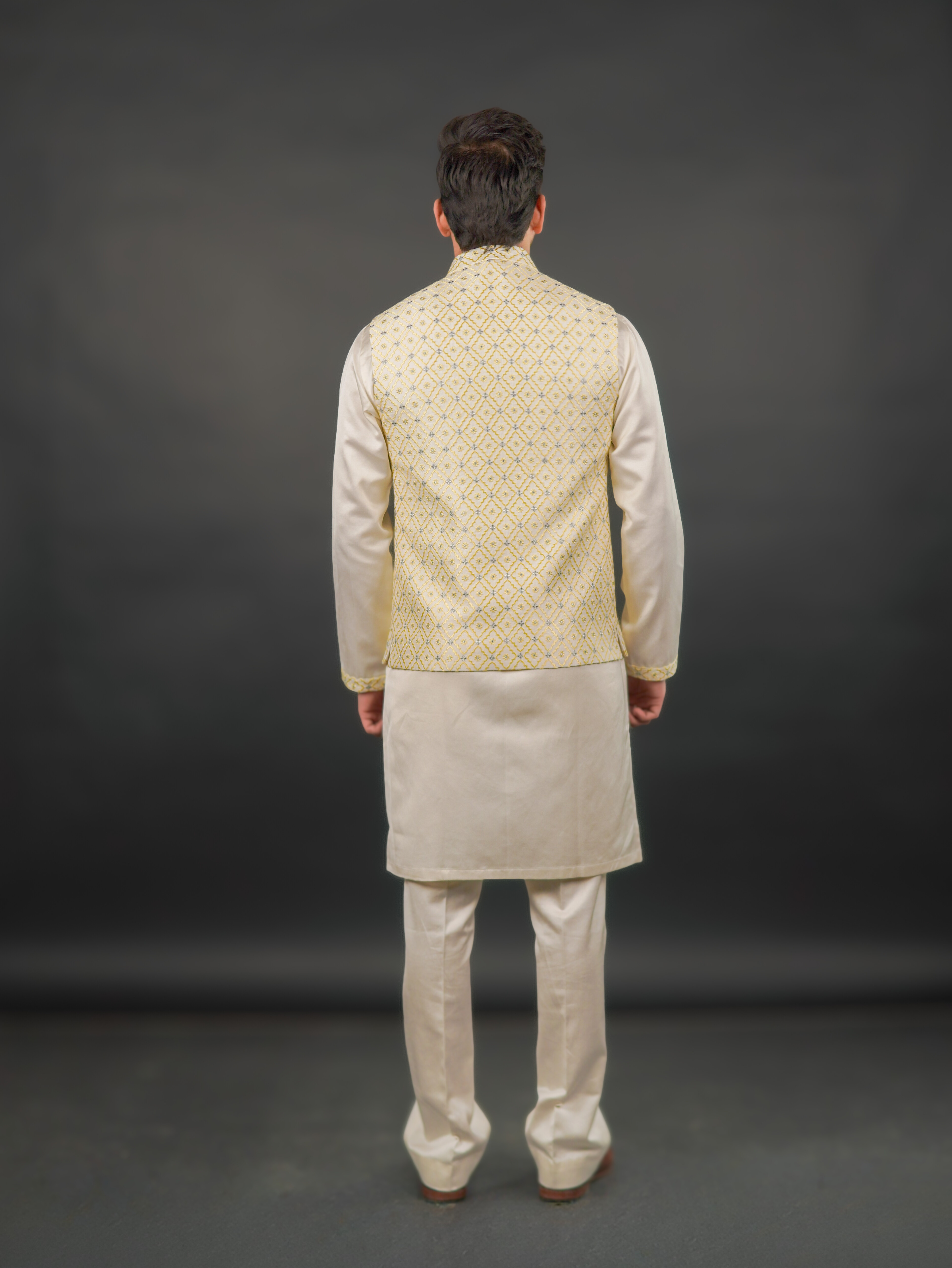 Ivory–Yellow Textured Modi Jacket & Kurta Set