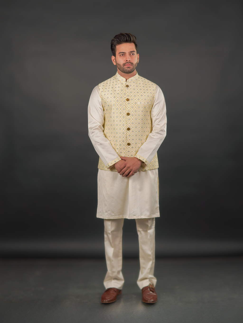 Ivory–Yellow Textured Modi Jacket & Kurta Set