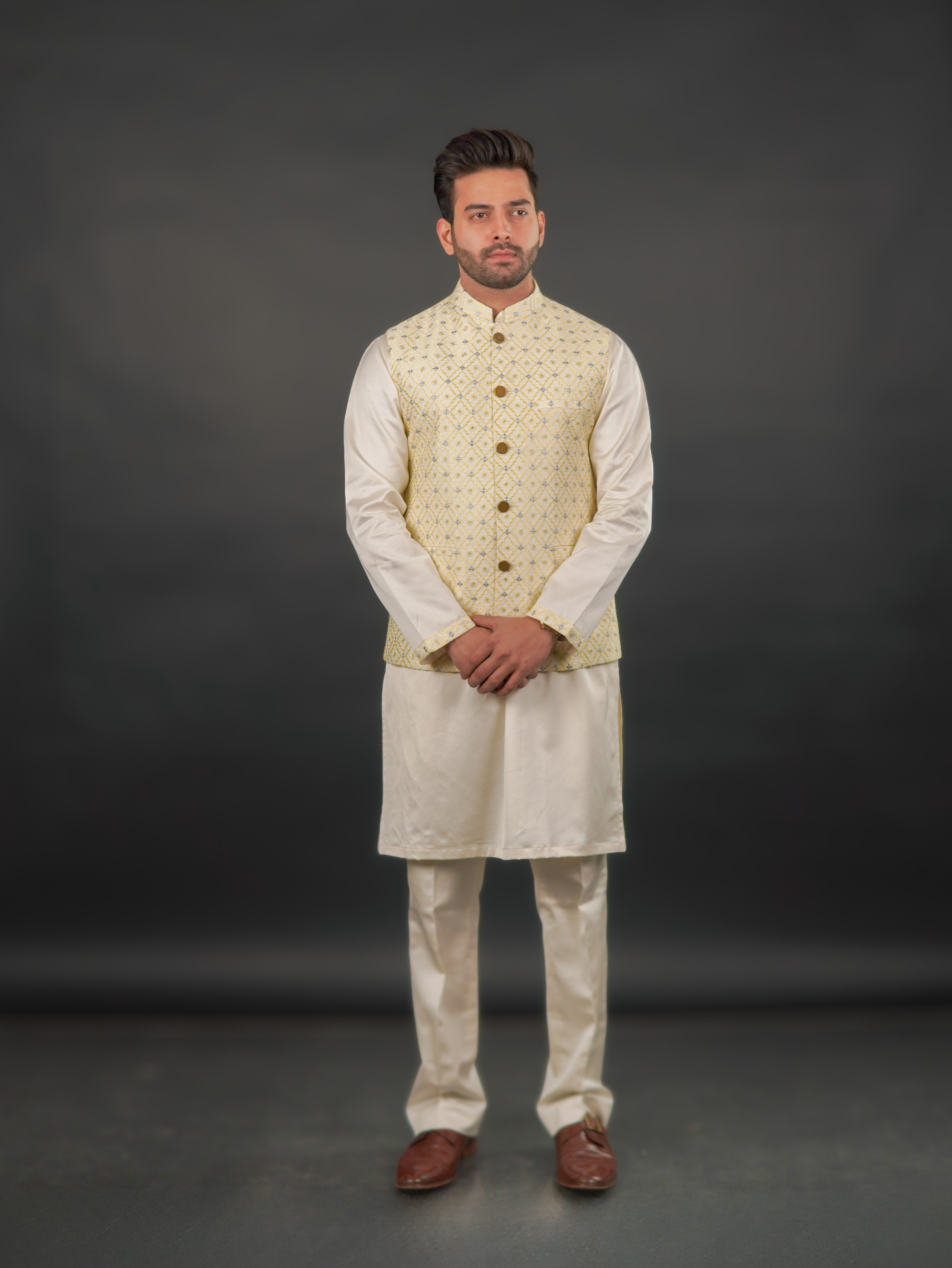 Ivory–Yellow Textured Modi Jacket & Kurta Set