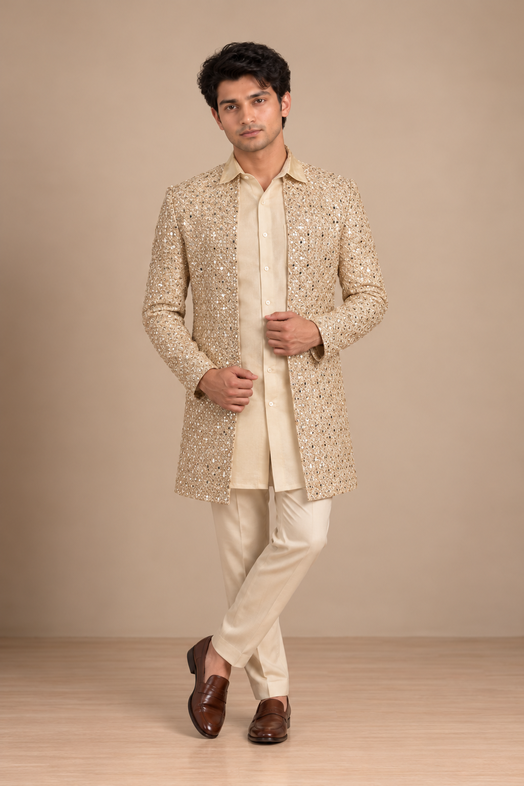 Champagne Mirrorwork Cutwork Jacket Set