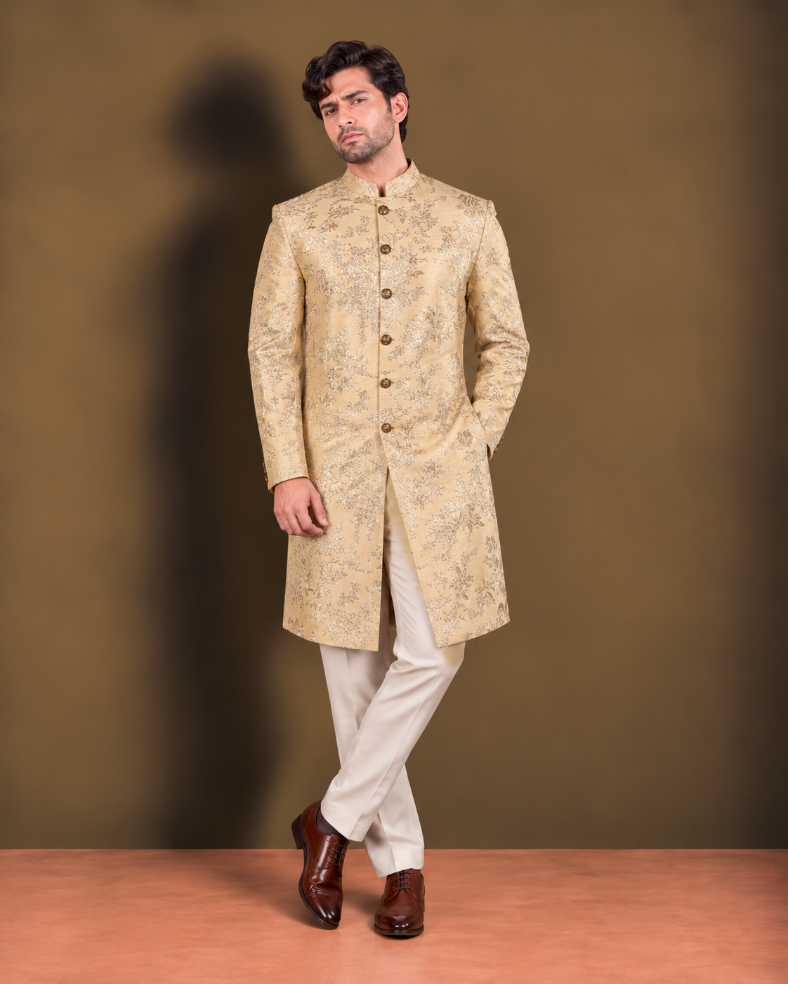 Antique Gold Tonal Embroidered Sherwani