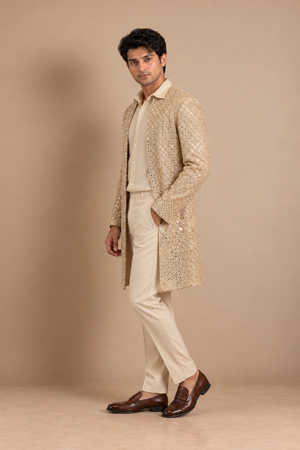 Champagne Mirrorwork Cutwork Jacket Set