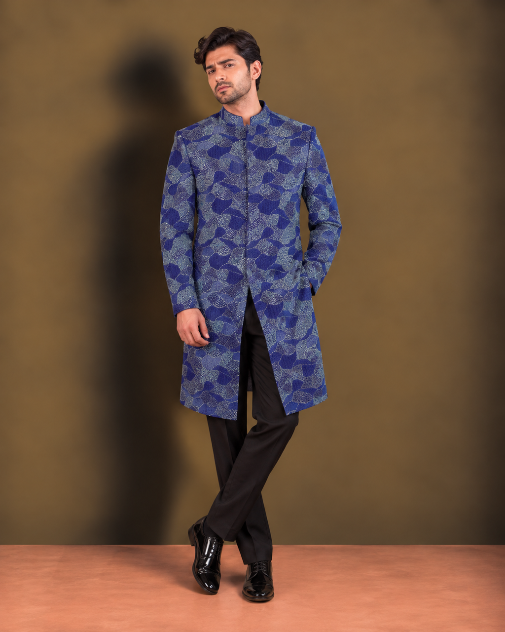 Cobalt Blue Geometric Hand-Beaded Sherwani