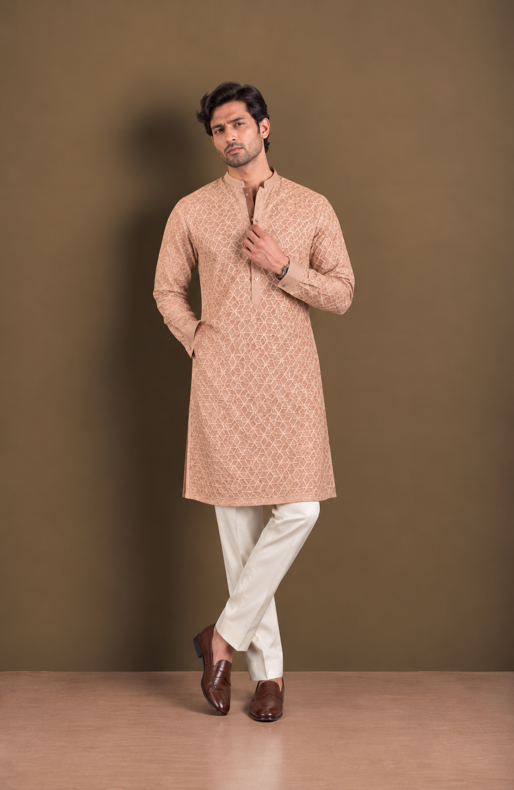 Coffee Brown Dupion Silk V-Neck Modi Jacket Set