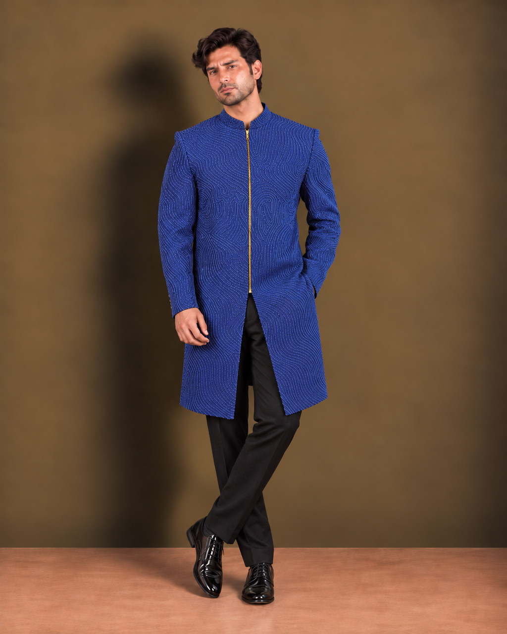Indigo Corded Silk Zip-Front Indo-Western Set