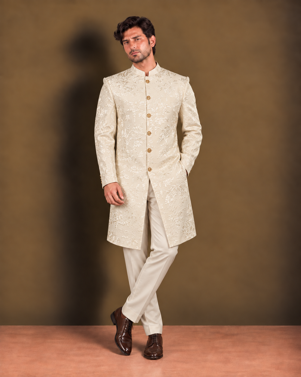 Ivory & Gold Tonal Embroidered Silk Sherwani