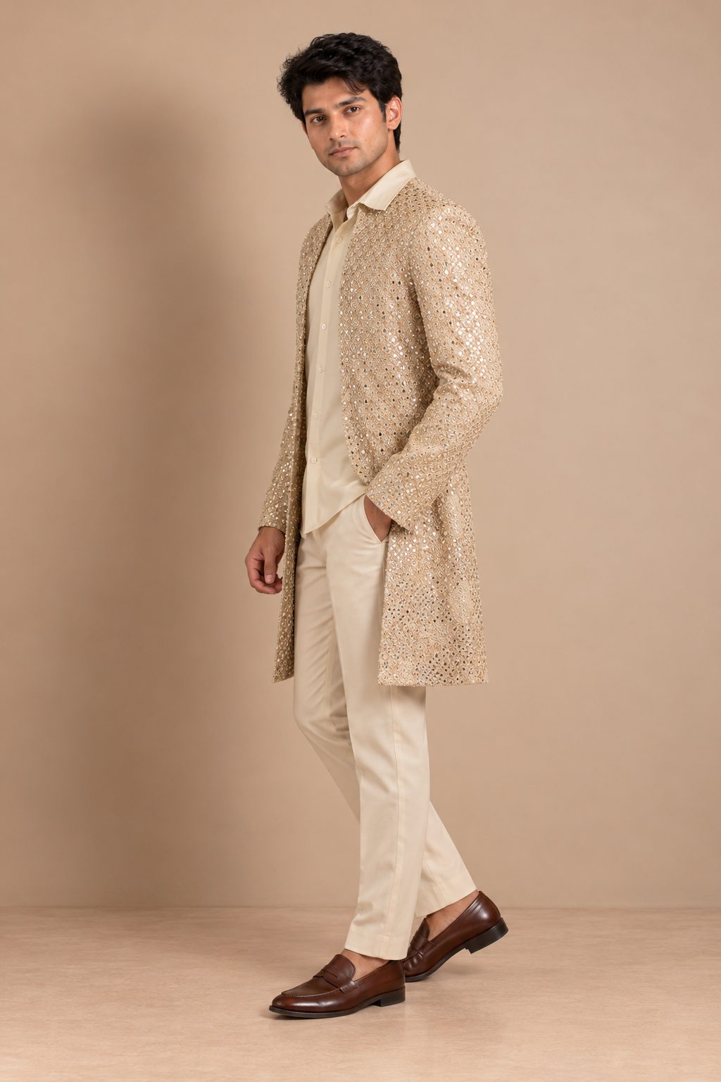 Champagne Mirrorwork Cutwork Jacket Set
