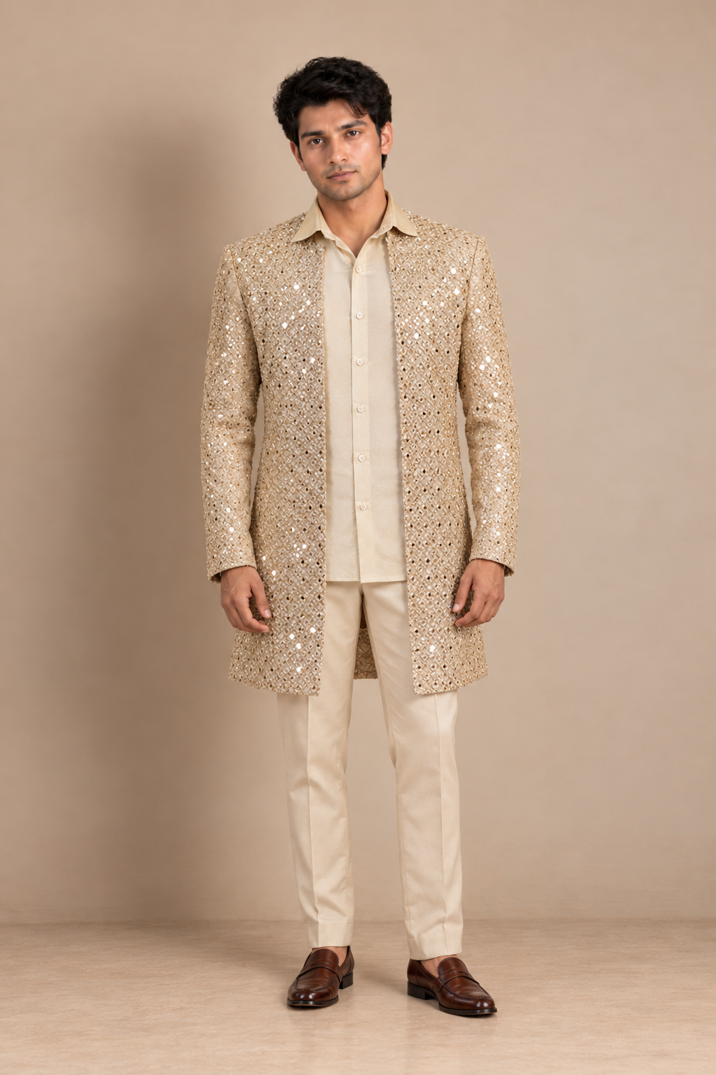 Champagne Mirrorwork Cutwork Jacket Set