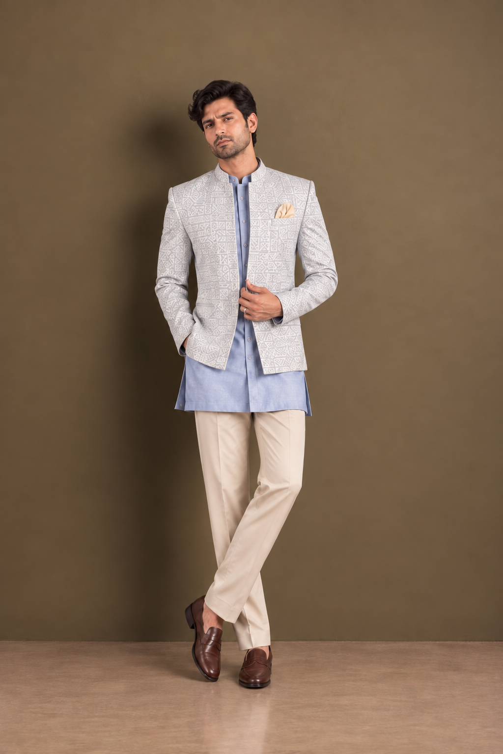 The Azure Geometric Jodhpuri Ensemble - Powder Blue (3 Piece)