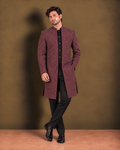Wine Hand-Embellished Open Sherwani Ensemble (3-Piece)