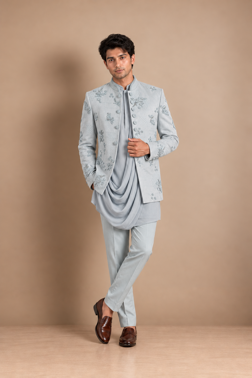 The Powder Bloom Bandhgala Ensemble - Powder Blue (3 Piece)