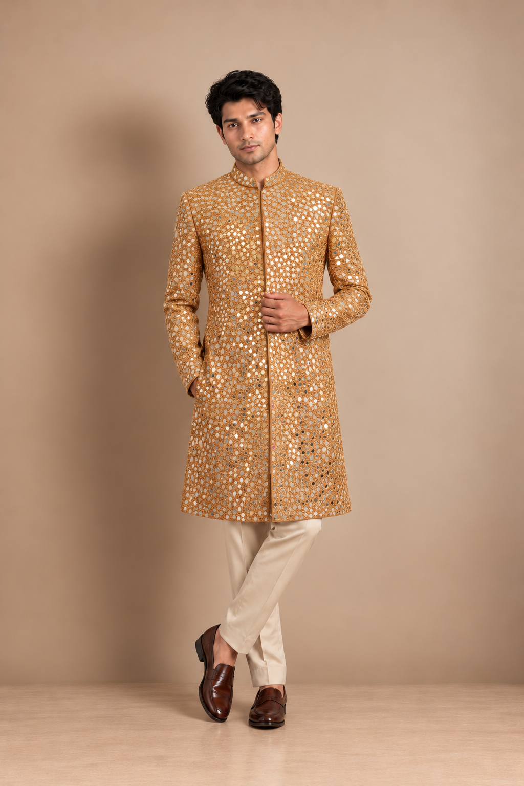 Copper Royale Mirror-Work Sherwani Set