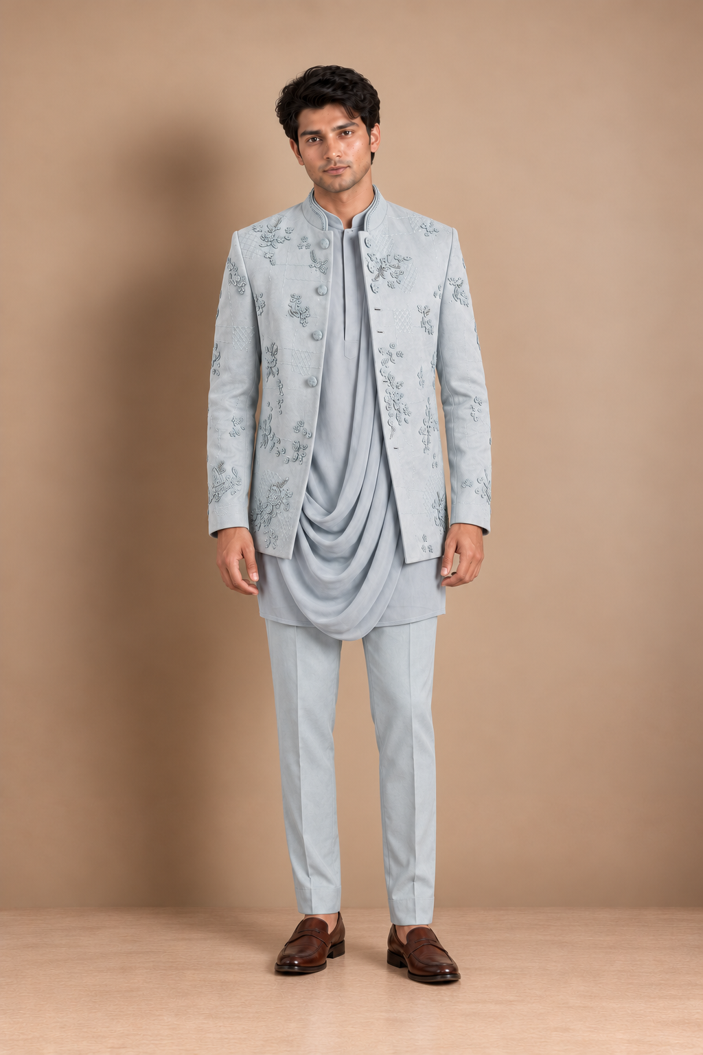 The Powder Bloom Bandhgala Ensemble - Powder Blue (3 Piece)
