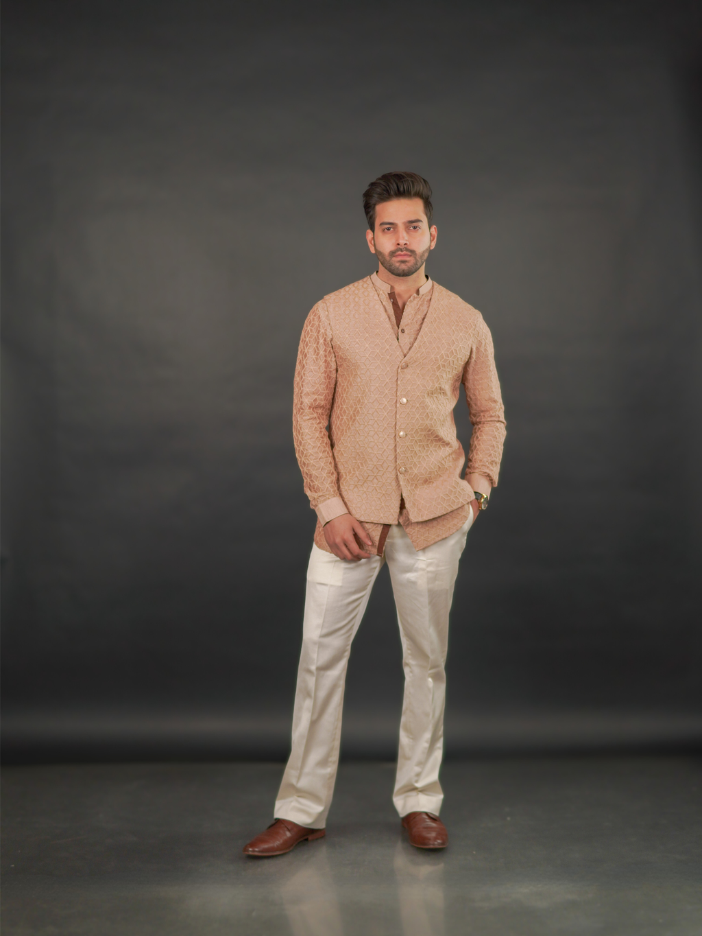 Coffee Brown Textured V-Neck Modi Jacket Set
