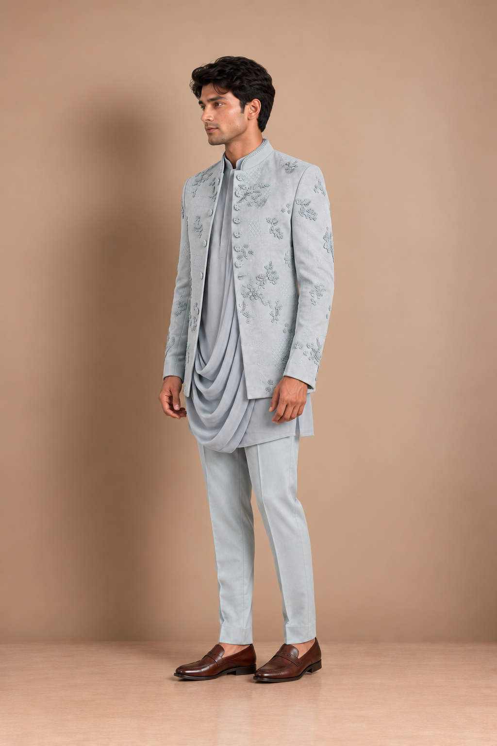 The Powder Bloom Bandhgala Ensemble - Powder Blue (3 Piece)
