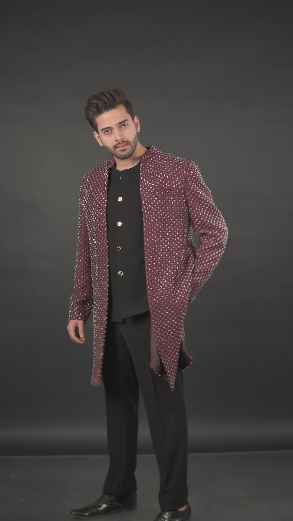 Wine Hand-Embellished Open Sherwani Set (3-Piece)