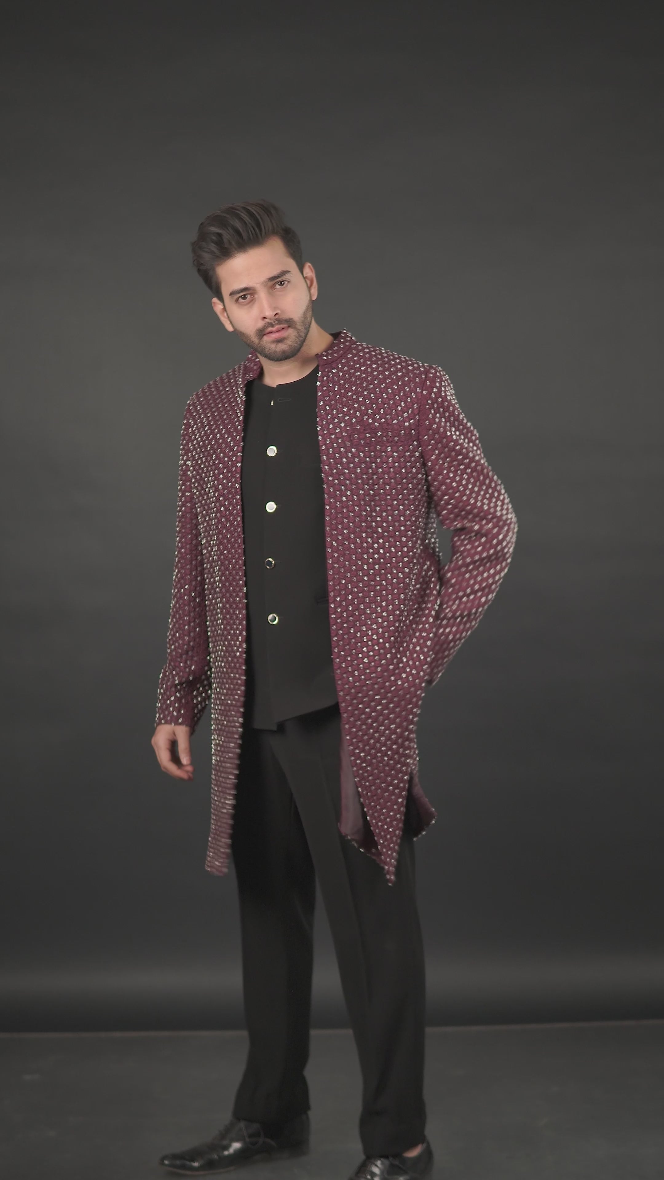 Wine Hand-Embellished Open Sherwani Set (3-Piece)