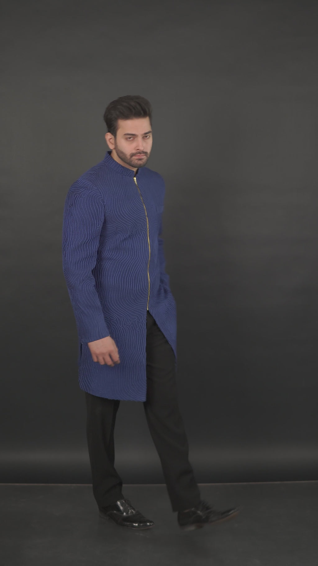 Textured Zip-Front Indo-Western Set Indigo