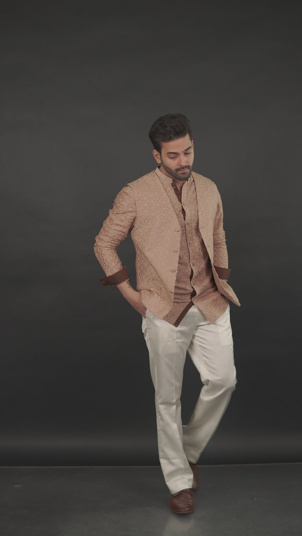 Coffee Brown Textured V-Neck Modi Jacket Set